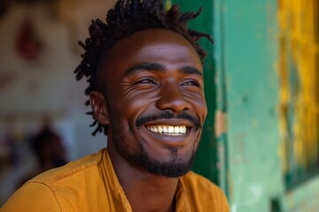 Wall Mural - A portrait of a confident African man with dreadlocks smiling broadly, showcasing his white teeth. He is standing in front of a green wall