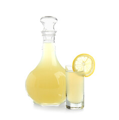 Shot and bottle of tasty Limoncello on white background