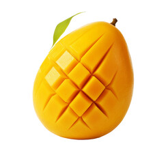 Poster - single ripe mango and grid like cut mango piece on an isolated white background