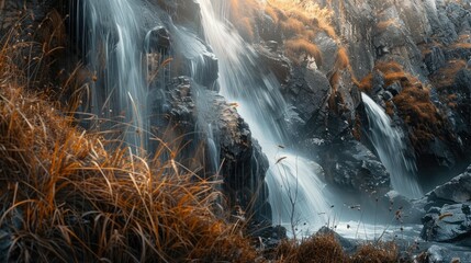 Poster - Long exposure image of a waterfall cascading against a rocky cliff surrounded by wild grasses