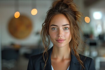 A young woman in a business suit smiles for the camera in an office setting
