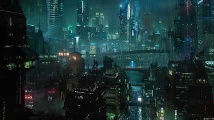 Wall Mural - Futuristic Cityscape At Night With Neon Lights For Sci-Fi And Urban Themed Designs