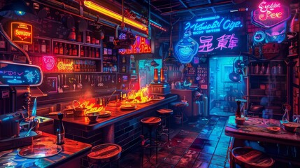 Futuristic cyberpunk cityscape with neon lights and vibrant colors for gaming or technology themed designs