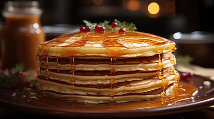 Wall Mural - Close-Up of pile of pancakes with melted sweet syrup and fruit toppings with a blurred background