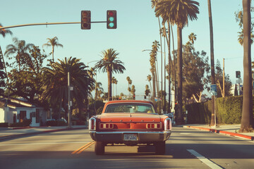 A classic car driving on the road in the 1970s, palm trees and a traffic light on the road