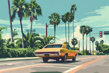 A classic car driving on the road in the 1970s, palm trees and a traffic light on the road