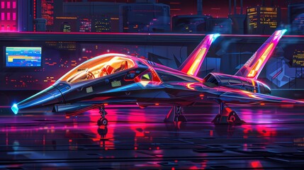 Wall Mural - Futuristic spaceship on a neon runway for sci-fi or technology designs