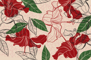 tropical abctract flower wallpaper design with hibiscus flowers, line art, golden texture. elegant b