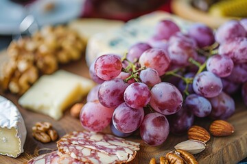 Wall Mural - Wooden cutting board with grapes, cheese, nuts, and salami