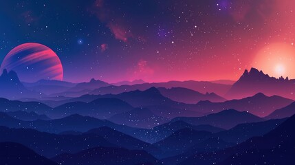 Wall Mural - night sky with mountains silhouette and nearby planets in sf space