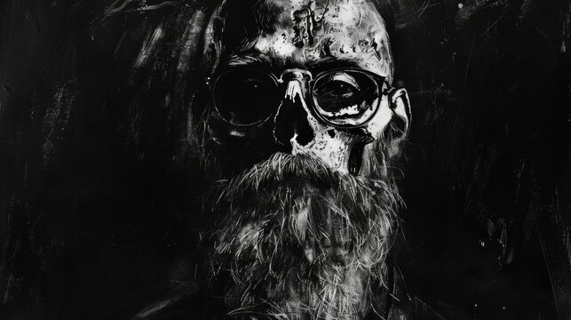Grungy portrait of a skull with beard and glasses for horror or gothic designs