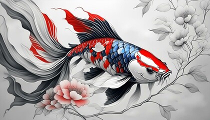 Wall Mural - Black and white Japanese style design blue and red koi fish