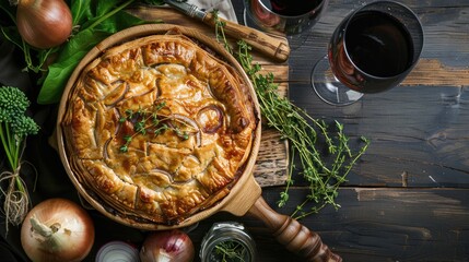 Canvas Print - Chicken and potato puff pastry pie with onions aesthetically presented from above