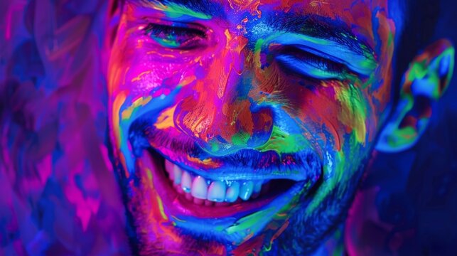 portrait of a pumped-up man at a disco. fluorescent paint on face in with uv light