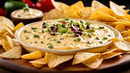 Wall Mural - Delightful Cheese Dip Experience with Tortilla Chips