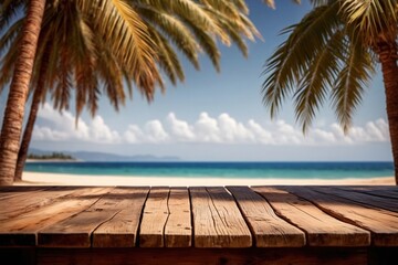 Wall Mural - Empty wooden table top counter with palm trees summer beach, backdrop background