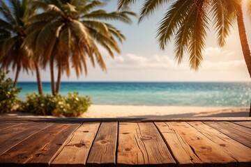 Wall Mural - Empty wooden table top counter with palm trees summer beach, backdrop background