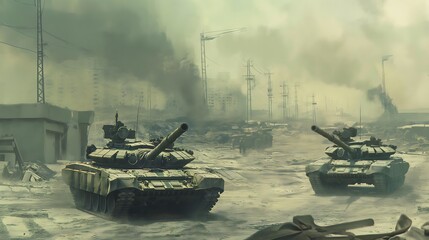 Wall Mural - 4. Envision a somber depiction of urban warfare, where the twisted wreckage of vehicles and buildings mingle amidst thick clouds of smoke, as tanks patrol the desolate streets, a stark reminder of