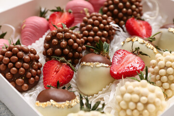 Wall Mural - Box with chocolate covered strawberries on white background, closeup