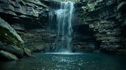 Wall Mural - an underground waterfall cascades into a deep and murky water table below.