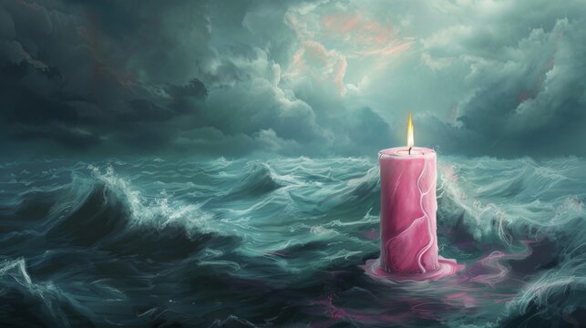 Pink Candle Floating on Water During a Storm for a Hopeful or Memorial Design