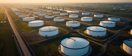 Wall Mural - aerial view of oil storage tanks with white walls and massive industrial structures and large energy center