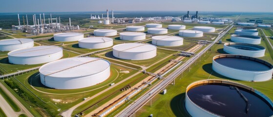 Poster - aerial view of oil storage tanks with white walls and massive industrial structures and large energy center