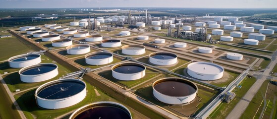 Sticker - aerial view of oil storage tanks with white walls and massive industrial structures and large energy center