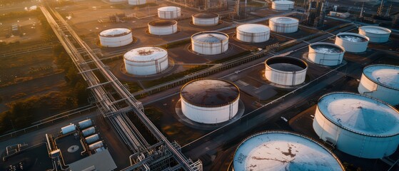 Poster - aerial view of oil storage tanks with white walls and massive industrial structures and large energy center