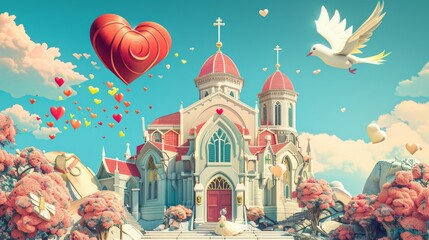 Wall Mural - Romantic church wedding with dove and hearts illustration
