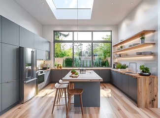 Modern kitchen interior with island, wood floor and wooden table in the style of luxury house. Kitchen room design with stainless steel appliances, grey cabinets and skylight window. 