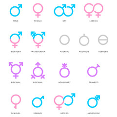 Set of gender symbols on a white background. Collection Sexual orientation signs collection. Vector illustration flat design. Simple thin line icon design. Gender and sexual identity. LGBT symbol.