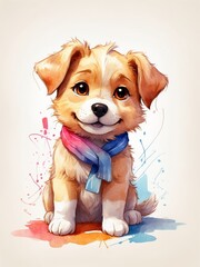 Wall Mural - A cartoon puppy wearing a colorful scarf smiles at the viewer in this cute digital painting