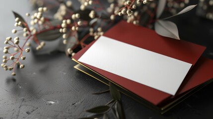 Elegant red and white cards with delicate floral decorations on a dark surface, perfect for invitations or holiday greetings.