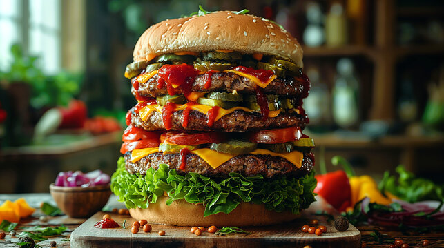 A super tall cheeseburger with three beef patties, pickles, tomatoes, lettuce and ketchup