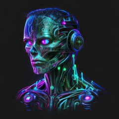 Wall Mural - Cyborg abstract futuristic holographic technology with a tron crypto face. T-shirt design