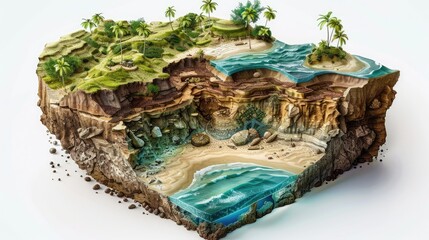 Isometric Beach Landscape with Buried Treasure Cross-Section Isolated on White Background - Digital Art Octane Render