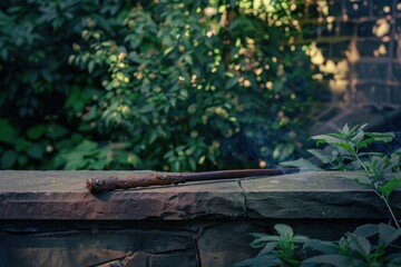 Wall Mural - Ornate wooden staff resting on stone in lush garden