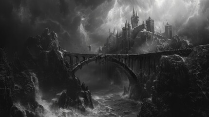 Stone bridge over a stormy sea in a fantasy landscape