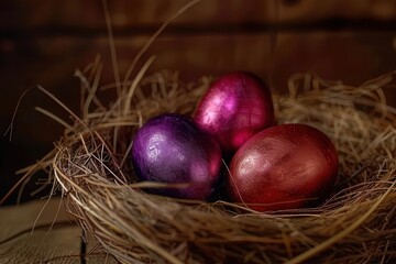 Wall Mural - Colorful Easter eggs in a nest of hay