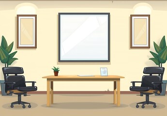 Wall Mural - Illustration of an office room with a whiteboard, table and chairs in a vector style, without text or symbols on the board, set against light beige walls, viewed from the front angle