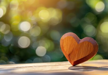 Wall Mural - Wooden heart on a wooden surface with a blurred nature background