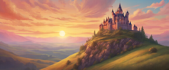 A fantastical castle surrounded by undulating hills and situated atop a hill 