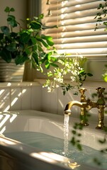Wall Mural - In the bathroom, there is an antique brass faucet with water flowing and green plants in vases on white walls, creating a warm atmosphere