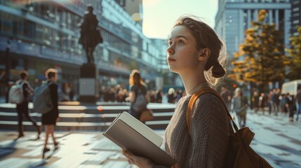 Hannah Arendt's Political Philosophy: A Thoughtful Girl Holding a Book with a Focused Expression in a Modern Educational Institute, Emphasizing Public Space and Political Action