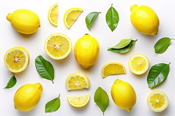 Fresh and Juicy Lemon with Leaves, Half, and Slice on Clean White Background