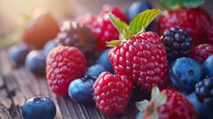 Wall Mural - Fresh mixed berries on a wooden background, bright and vibrant colors
