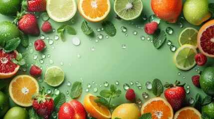 Wall Mural - Vibrant summer fruits on pastel green background, bright studio lights, refreshing,