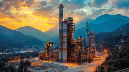 Wall Mural - Cement plant with large kilns and conveyors, showcasing the heavy industry of construction materials.