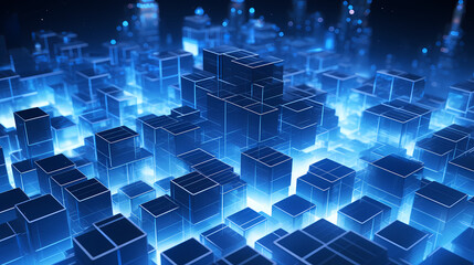 Wall Mural - 3D rendering of glowing blue holographic blocks